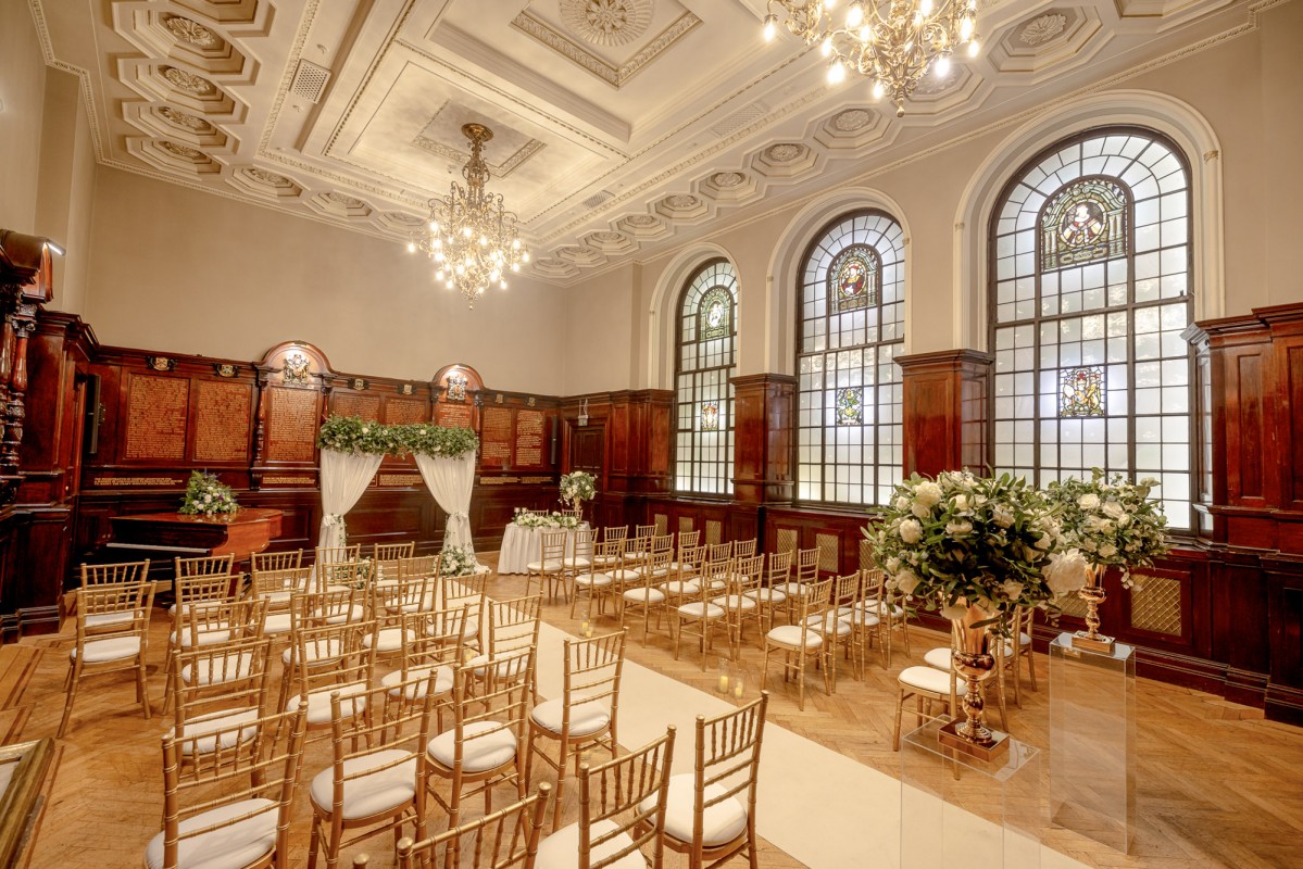 The tables are set for a wedding at Trades Hall of Glasgow Wedding Venue